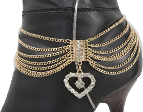 Miniatura 2 de TFJ - Pulsera de cadena para botas de moda occidental para mujer, diseño de metal dorado, con dije de corazón