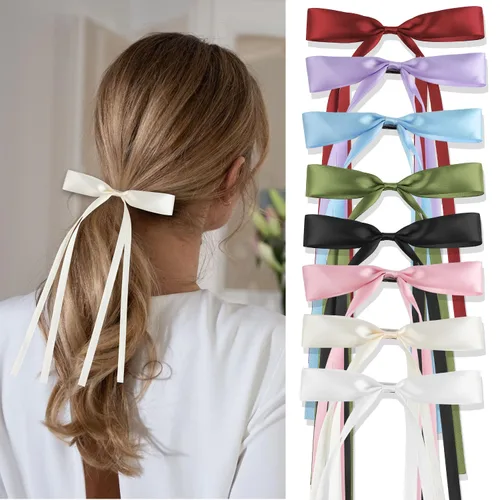 Miniatura 3 de 8 pinzas de lazo para el pelo para mujeres, niñas, cinta de borla, pinzas para el pelo con cola larga, pasadores de borla de satén sedoso con cola
