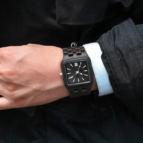 Miniatura 3 de Relojes de madera cuadrados únicos para hombre, ébano, arce rojo, sándalo, correa de madera completa, reloj de cuarzo con fecha