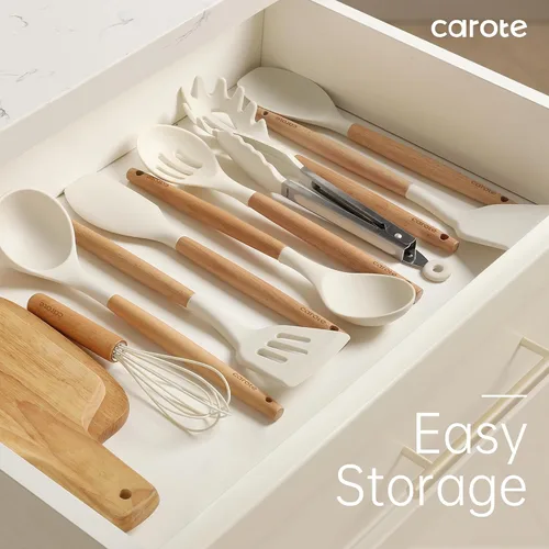 Miniatura 8 de CAROTE Juego de utensilios de cocina de silicona, juego de 10 utensilios de cocina para cocinar, juego de espátulas sin BPA con asas de madera