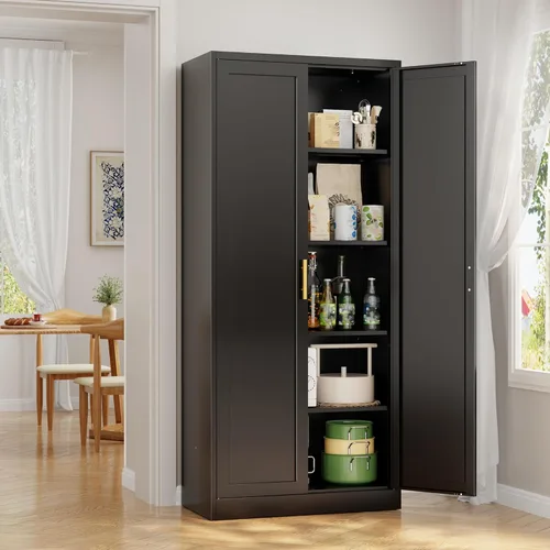 Miniatura 4 de Gabinete de metal para despensa de cocina, 71 pulgadas de alto x 28 pulgadas de ancho x 14 pulgadas de profundidad con 2 puertas y 4 estantes Negro