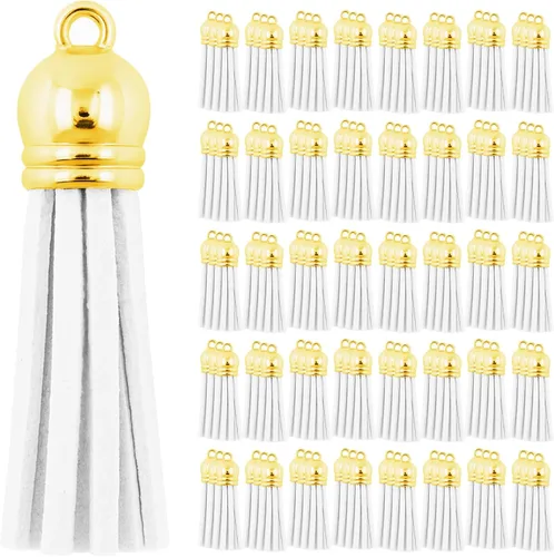 Miniatura 32 de Mandala Crafts 100 borlas de gamuza sintética color aguamarina con tapa dorada, suministros para hacer llaveros a granel, pequeñas borlas de cuero