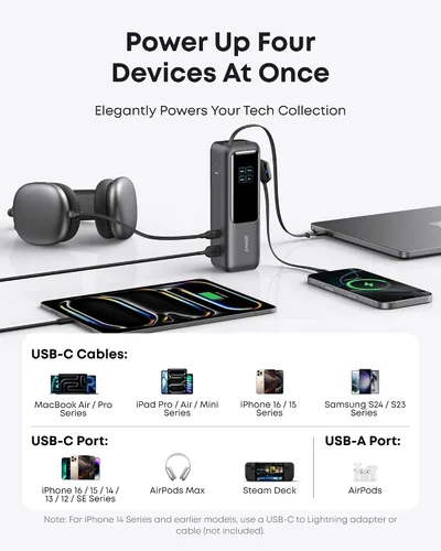 Miniatura 5 de Anker Batería portátil para laptop, cargador portátil de 25,000 mAh con triples puertos USB-C de 100W, cables retráctiles incorporados, aprobado