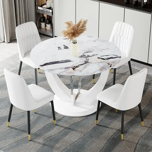 Miniatura 40 de JUFU Juego de mesa de comedor redonda para 4, mesa de comedor de 48 pulgadas con mesa de mármol sintético y 4 sillas tapizadas, moderno juego