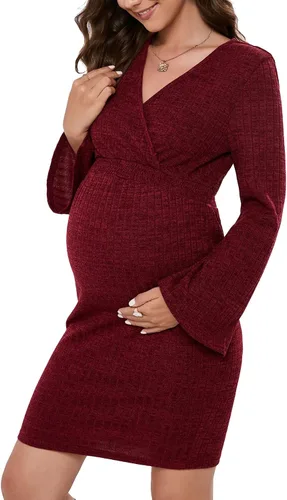 KOJOOIN Maternity Dress Rib Knit Wrap V Neck Bell Long Sleeve Sweater Bodycon Midi Dress Baby Shower Photoshoot
