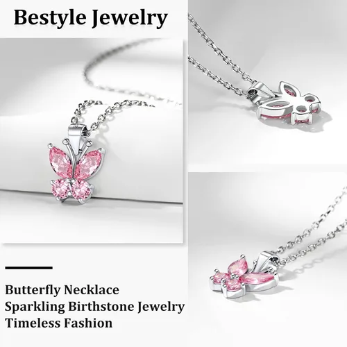 Miniatura 6 de Bestyle Anillo de collar de mariposa con piedra natal plateada para mujeres, delicado y lindo regalo de joyería de mariposa para mujeres