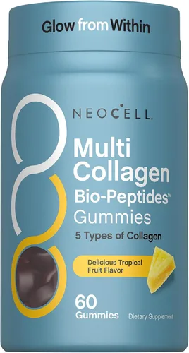 NeoCell Gomitas bio-péptidos de colágeno múltiple | 60 unidades | Sabor tropical | Tipo I, II, III, V, X | Fórmula bioactiva avanzada