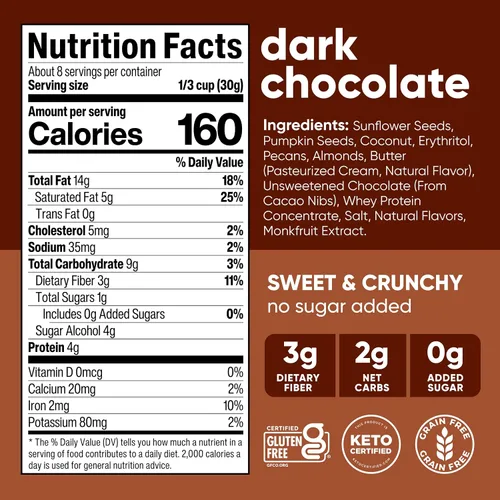 Miniatura 2 de NuTrail Cereal de granola de nuez, chocolate negro, sin azúcar añadido, keto, bajo en carbohidratos, sin gluten, sin granos, desayuno saludable, 8