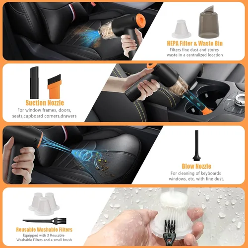 Miniatura 7 de Aspiradora de Mano Inalámbrica para Automóvil, Aspiradora de 9000Pa y Soplador de Aire, Mini Aspiradora para Automóvil Portátil Inalámbrica