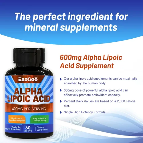 Miniatura 5 de Paquete de 2 suplementos de ácido alfa lipoico, ácido alfa lipoico 600 mg por porción, vegano, sin gluten, suplemento de ALA sin OMG, 120 cápsulas