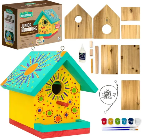 Kit de casa para pájaros SparkJump Jr, casa de madera de cedro para bricolaje para exteriores con pintura, divertido para niños y adultos, kit para