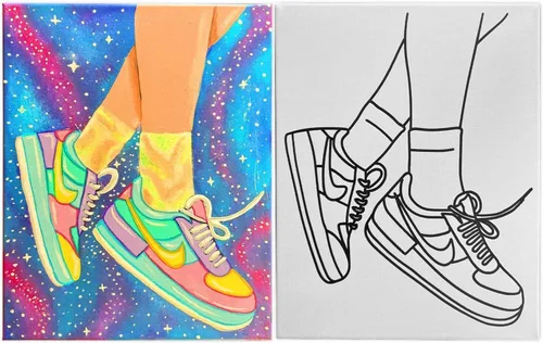 Pintura en lienzo predibujada para adultos y niños, actividad artística, tenis Jordan, regalo de cumpleaños de bricolaje y sorbo y pintura para