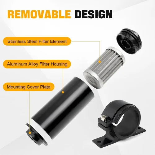 Miniatura 2 de BARTOO Filtro de combustible en línea de 100 micras con adaptador 6AN 8AN 10AN y soporte de montaje de 50 mm para filtrar gasolina, diésel, E85 negro