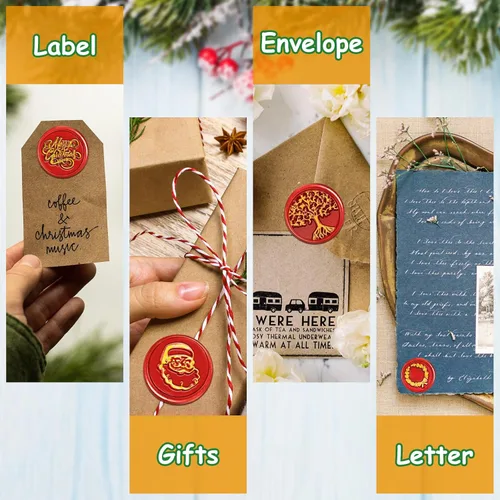 Miniatura 4 de Juego de 8 sellos de cera para Navidad, Halloween, mango de madera, cuchara de fusión, 2 bolígrafos metálicos para decoración de sellos de cera