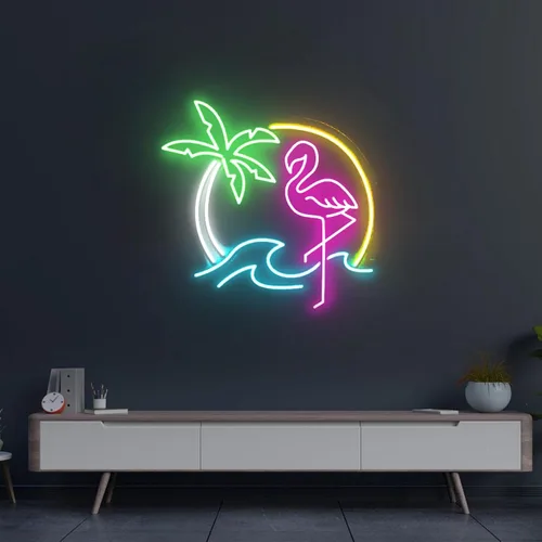 Miniatura 2 de Letrero de neón con diseño de flamenco y puesta de sol de 16 pulgadas para decoración de pared, flamenco rosa para fiesta, hogar, vacaciones, bar