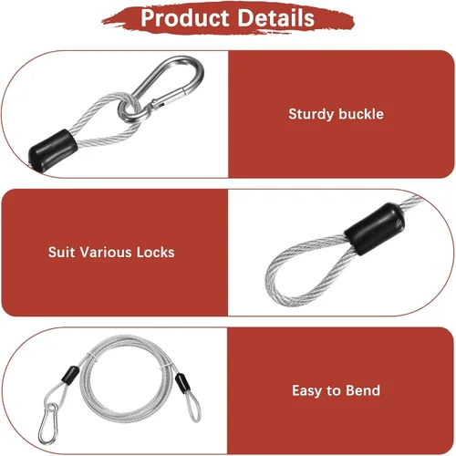 Miniatura 4 de Cable de seguridad con ganchos y bucles [2 piezas] – 6.56 pies / 258.3 pulgadas de acero inoxidable para equipaje de seguridad para bicicletas