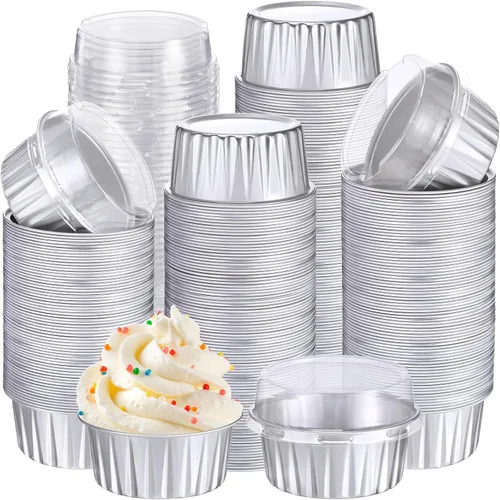 Miniatura 8 de Gejoy 400 Piezas Moldes de Papel de Aluminio para Hornear con Tapas 5 oz Moldes Desechables Ramekins Mini Moldes para Pasteles Crème Brûlée Moldes