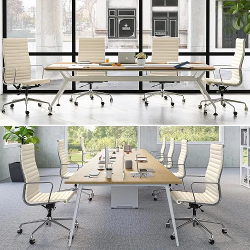 Miniatura 4 de Silla de oficina acanalada con cuero de grano superior, silla de escritorio ergonómica con respaldo alto con brazos y marco de aluminio, ruedas