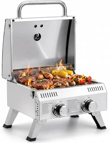 ROVSUN Parrilla de gas portátil de 2 quemadores, 20000 BTU para exteriores, parrilla de propano con encendido, termómetro integrado y cuerpo