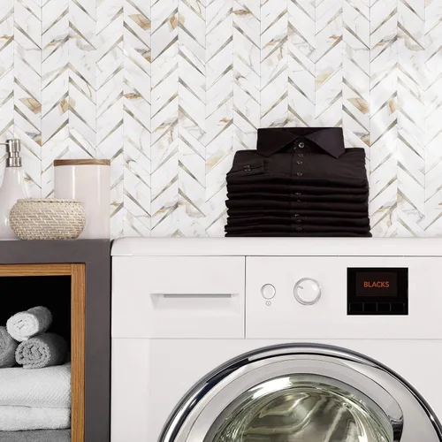 Miniatura 5 de STICKGOO 10 hojas de azulejos en espiga para despegar y pegar, mármol Calacatta mezclado con PVC dorado claro para salpicaderos, azulejos de pared