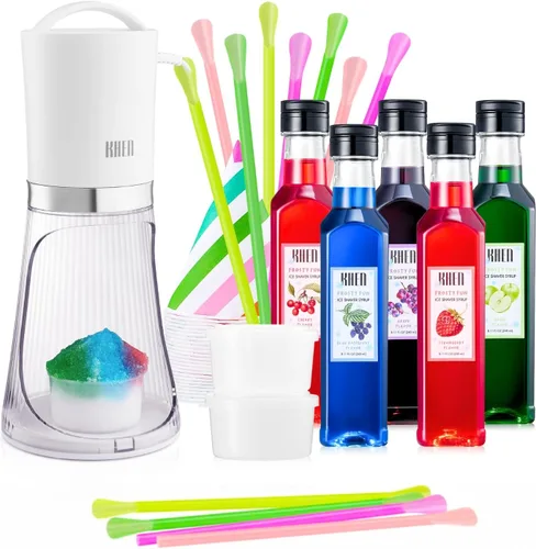 Juego de regalo de máquina de hielo afeitado con cono de nieve, kit de máquina eléctrica con 5 sabores de jarabe, incluye 25 tazas de cono, 25