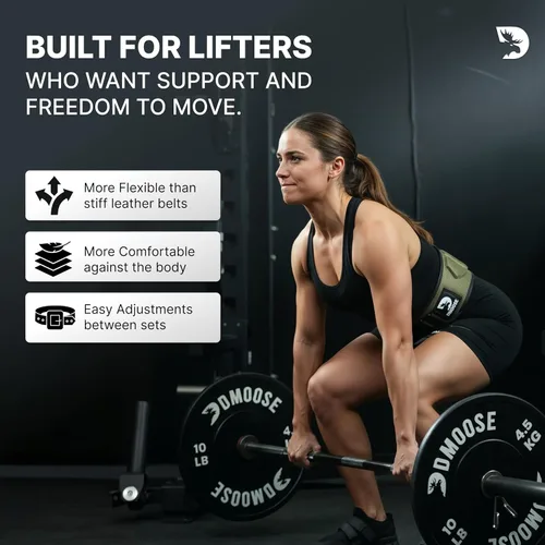 Miniatura 8 de Cinturón DMoose Fitness para levantamiento de pesas para sentadillas, peso muerto y entrenamiento intenso - Cinturón de 15cm ajustable con bloqueo