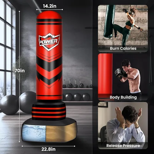 Miniatura 6 de Saco de boxeo independiente para adultos y adolescentes, bolsa de boxeo pesada de 70 pulgadas con guantes y bomba, bolsas de kickboxing de pie