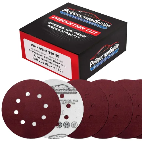 Miniatura 16 de ProductionShop Discos de lijado de grano 40 con patrón rojo de 8 agujeros de 5 pulgadas, caja de 30, papel de lija sin polvo con respaldo de gancho