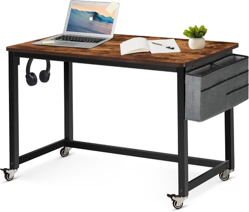 Miniatura 14 de AHB Escritorio para computadora con 4 ruedas lisas, escritorio móvil de estilo simple, mesa de estudio para oficina en casa, estación de trabajo