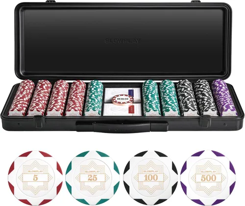 Miniatura 10 de SLOWPLAY Juego de fichas de póker de 14g de arcilla para Texas Hold'em, 500 piezas, con valores numerados, estilo Art Deco, y estuche de transporte