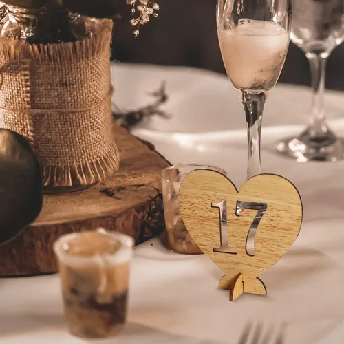 Miniatura 9 de Números de mesa de madera con forma de corazón del 1 al 20 con base de soporte, tarjetas de madera rústicas huecas para bodas, fiestas, decoración