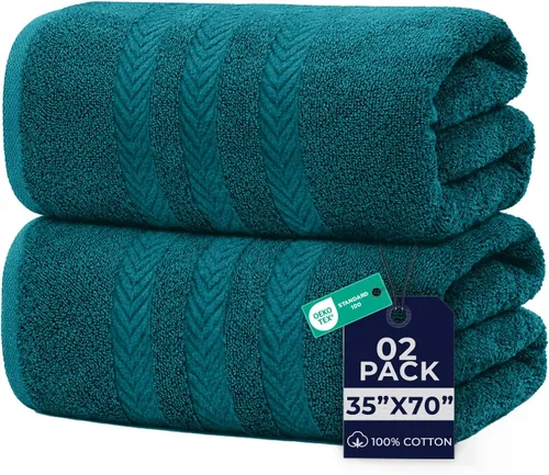 DAN RIVER Paquete de 2 toallas de baño de lujo de 35 x 70, 21.16 oz/m², suaves y de secado rápido, 100% algodón hilado en anillo, ideales para Verde