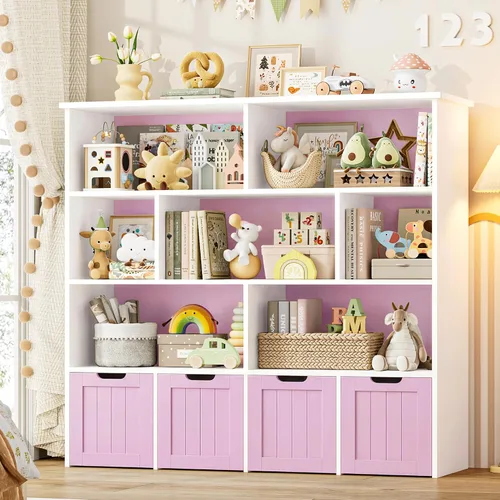 Miniatura 11 de FINETONES Organizador de almacenamiento de juguetes, estantería para niños con 4 cofres móviles y 7 cubos de almacenamiento, organizador