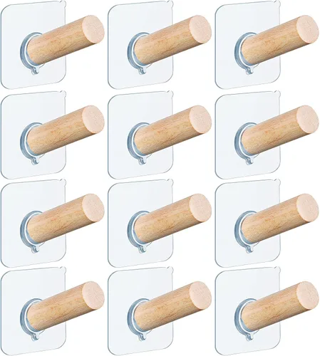Jetec 12 ganchos adhesivos para sombreros para pared, ropa y bolsas, perchero de madera, ganchos de madera para sombreros de vaquero, organizador de