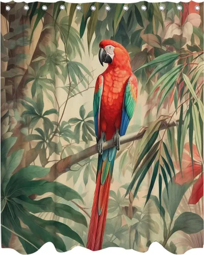Cortina de ducha colorida de loro degradado con temática de animales del bosque, juego de cortinas de ducha de tela con hojas de plantas con 12