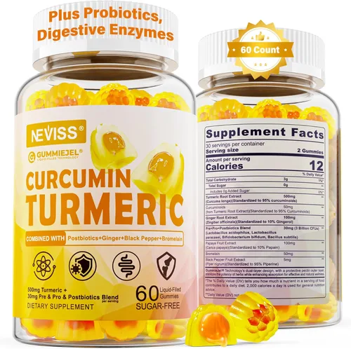 Gomitas rellenas de cúrcuma sin azúcar, 550 mg para adultos, jengibre y pimienta negra | 95% curcuminoides con mezcla probiótica prebiótica y