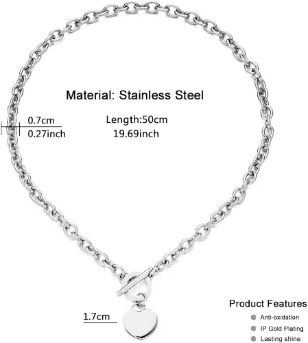 Miniatura 2 de WangGao Elegent Love - Cadena de eslabones de acero inoxidable en blanco con dije de corazón para mujer, cierre de palanca, Metal