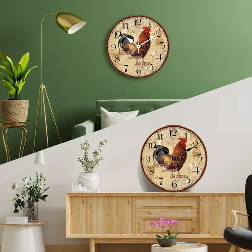 Miniatura 5 de TAHEAT Reloj de pared de gallo rústico de 14 pulgadas, reloj retro silencioso sin tic-tac, fácil de leer, funciona con pilas, relojes de pared