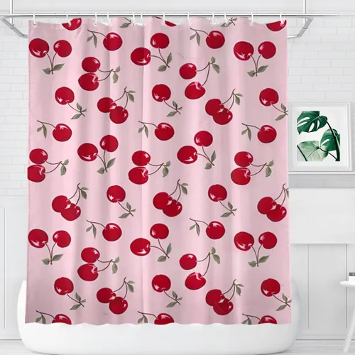 KOMIKU Juego de cortina de ducha estética de frutas con diseño floral de cereza rosa, decoración de baño de frutas de verano, de poliéster, lona