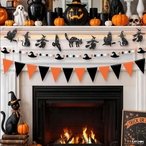 Miniatura 4 de KatchOn, Guirnalda de Halloween naranja y negra con purpurina, 10 pies, paquete de 3, banderines para decoraciones de Halloween, guirnalda