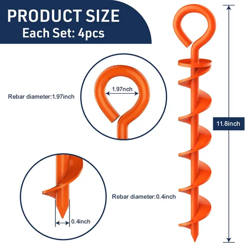 Miniatura 4 de Eurmax USA Estacas para tienda de campaña con forma de sacacorchos para perros, estacas de acero para cama elástica con varilla de hierro, Naranja