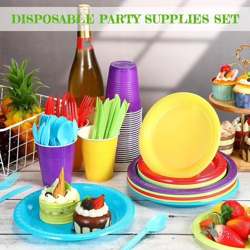 Miniatura 3 de Uiifan El juego de vajilla de plástico multicolor de 300 piezas incluye 50 platos llanos, 50 platos de aperitivo, 50 tazas, 50 cuchillos, 50