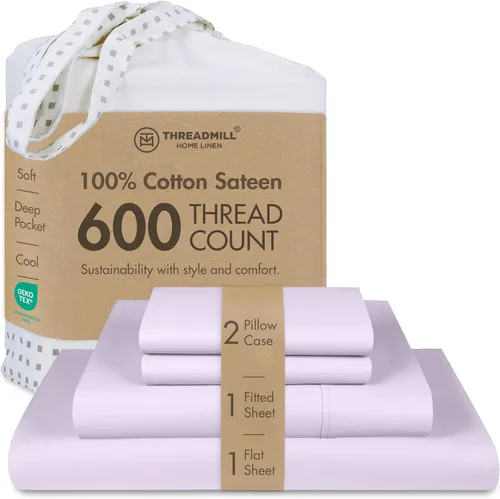 Miniatura 34 de Threadmill Sábanas de Algodón 100% para Cama Tamaño Queen - Juego de Sábanas Queen de 600 Hilos con Bolsillo Profundo de 16" - Juego de Ropa de Cama