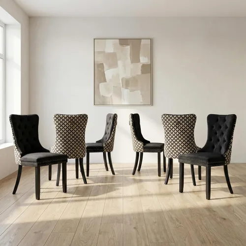 Miniatura 95 de OVENTA Juego de 4 sillas de comedor modernas tapizadas copetudas, terciopelo negro y gris y cuero con patas de madera maciza, sillas de cocina
