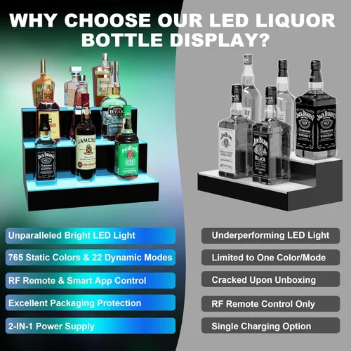 Miniatura 5 de MESAlLUP - Estante de exhibición de botellas de licor iluminado de 2 niveles de 16 pulgadas, estantes de barra LED con aplicación o control remoto