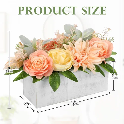 Miniatura 2 de DILATATA Arreglo floral con jarrón de madera, flores artificiales de 10 pulgadas en maceta, flores falsas en jarrón rectangular de madera blanco