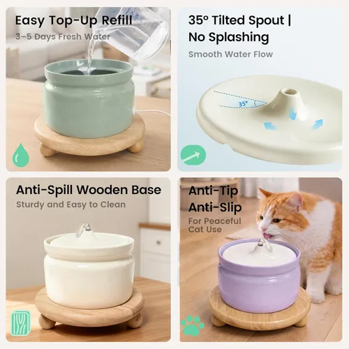 Miniatura 2 de Fuente de agua de cerámica para gatos, fuente automática para beber mascotas de 1 litro/32 onzas, bomba silenciosa alimentada por USB, triple Verde