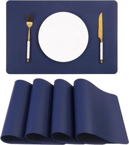 Manteles individuales de piel sintética HeloHo azul marino, juego de 4 manteles individuales impermeables y resistentes al aceite, al calor y a las