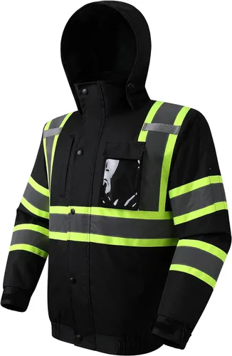 JKSafety Chaqueta bomber de seguridad de invierno de alta visibilidad para hombres y mujeres | Chaqueta de seguridad de invierno duradera e 116-negro