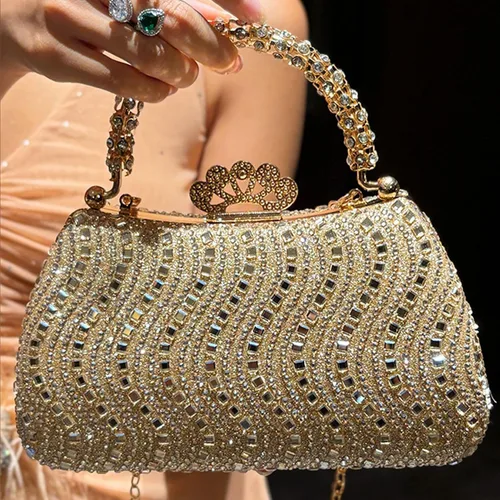 Miniatura 6 de Bolso de mano de noche con diamantes de imitación de cristal para mujer con cierre de corona de asa dorada, cadena desmontable formal para gala